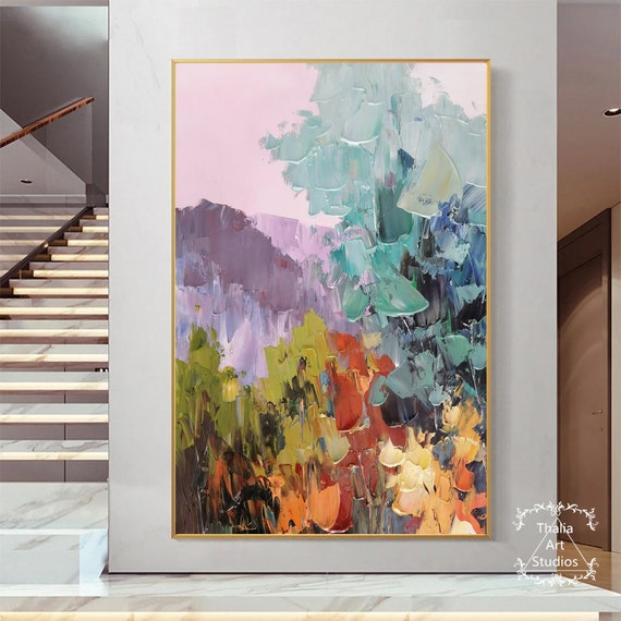 キャンバスに描かれた大きな風景画 カラフルなアクリル画 モダンな質感