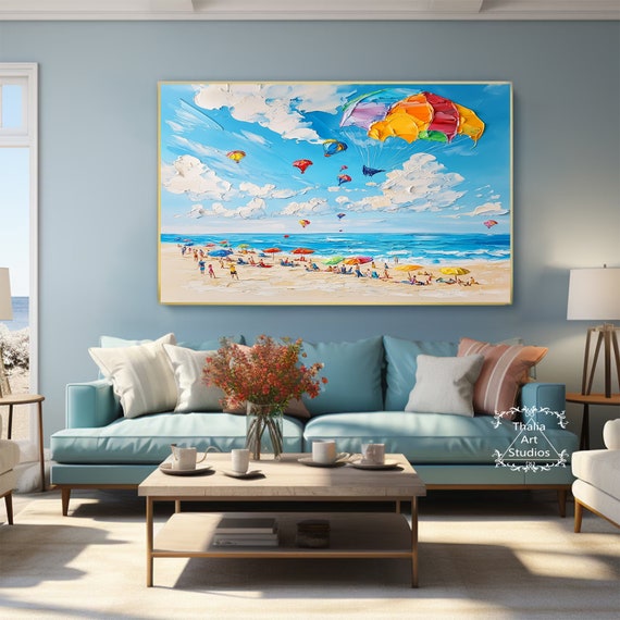 大きなカラフルな抽象的なビーチテクスチャ絵画青い海の絵画カラフルな