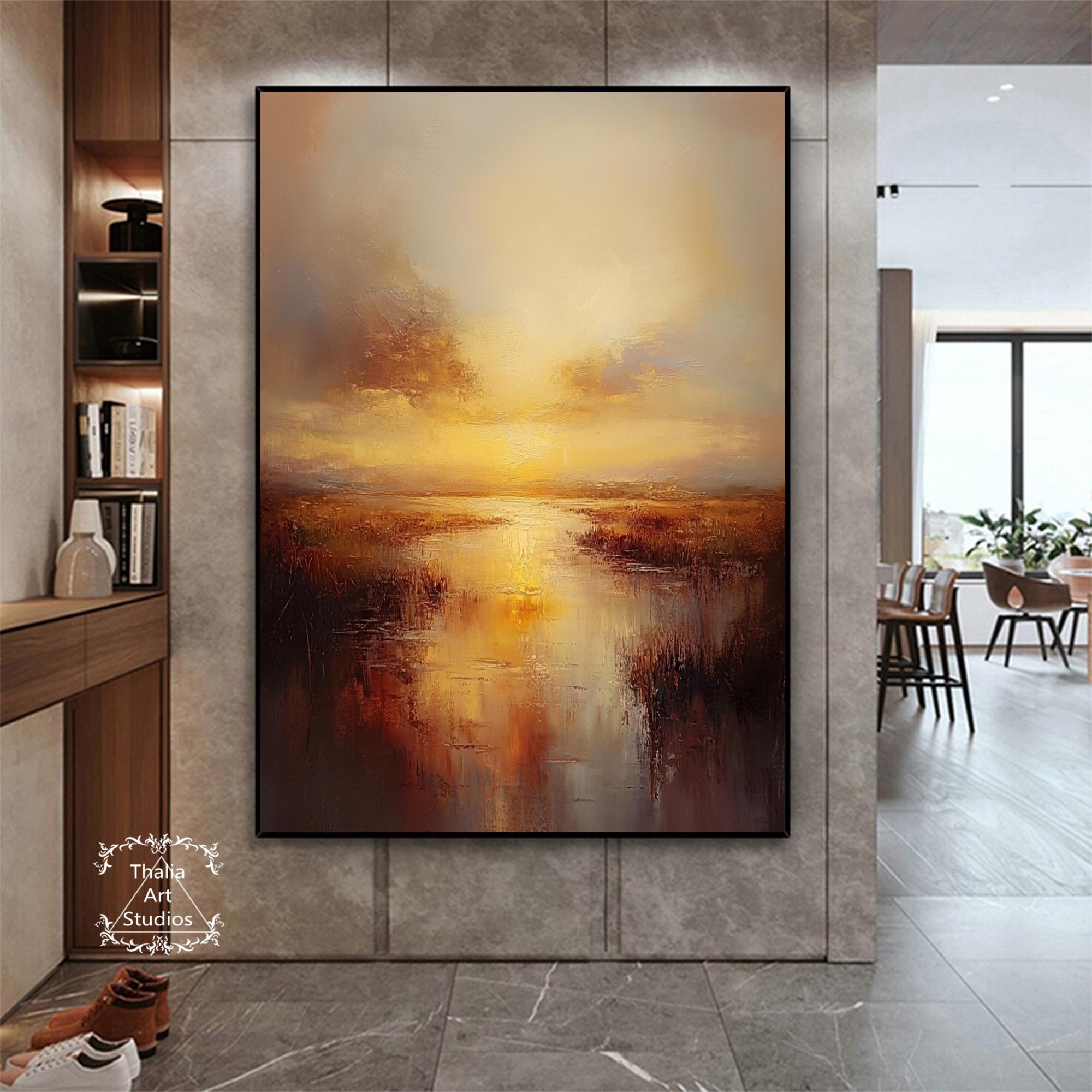 抽象的な風景油彩画 秋の夕焼け風景抽象画、大きな草抽象画、自然風景画、茶色オレンジ抽象