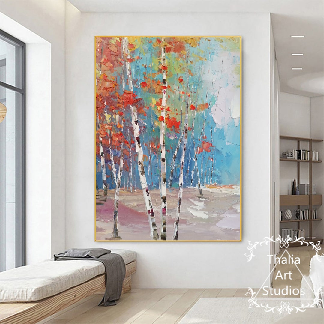 Birch Tree Forest Painting, Modern Texture, Blue Landscape Wall Art ...