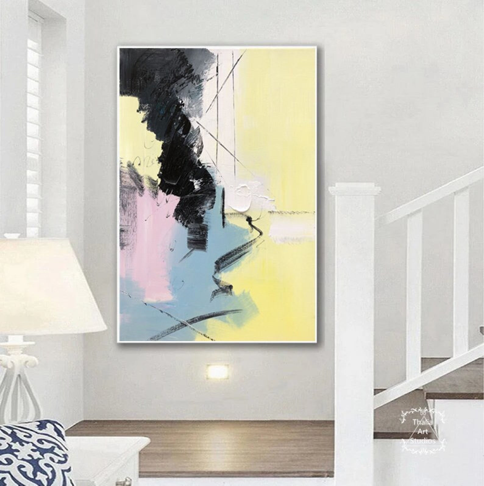 Large Yellow Abstract Canvas Art Original Blue Abstract Etsy