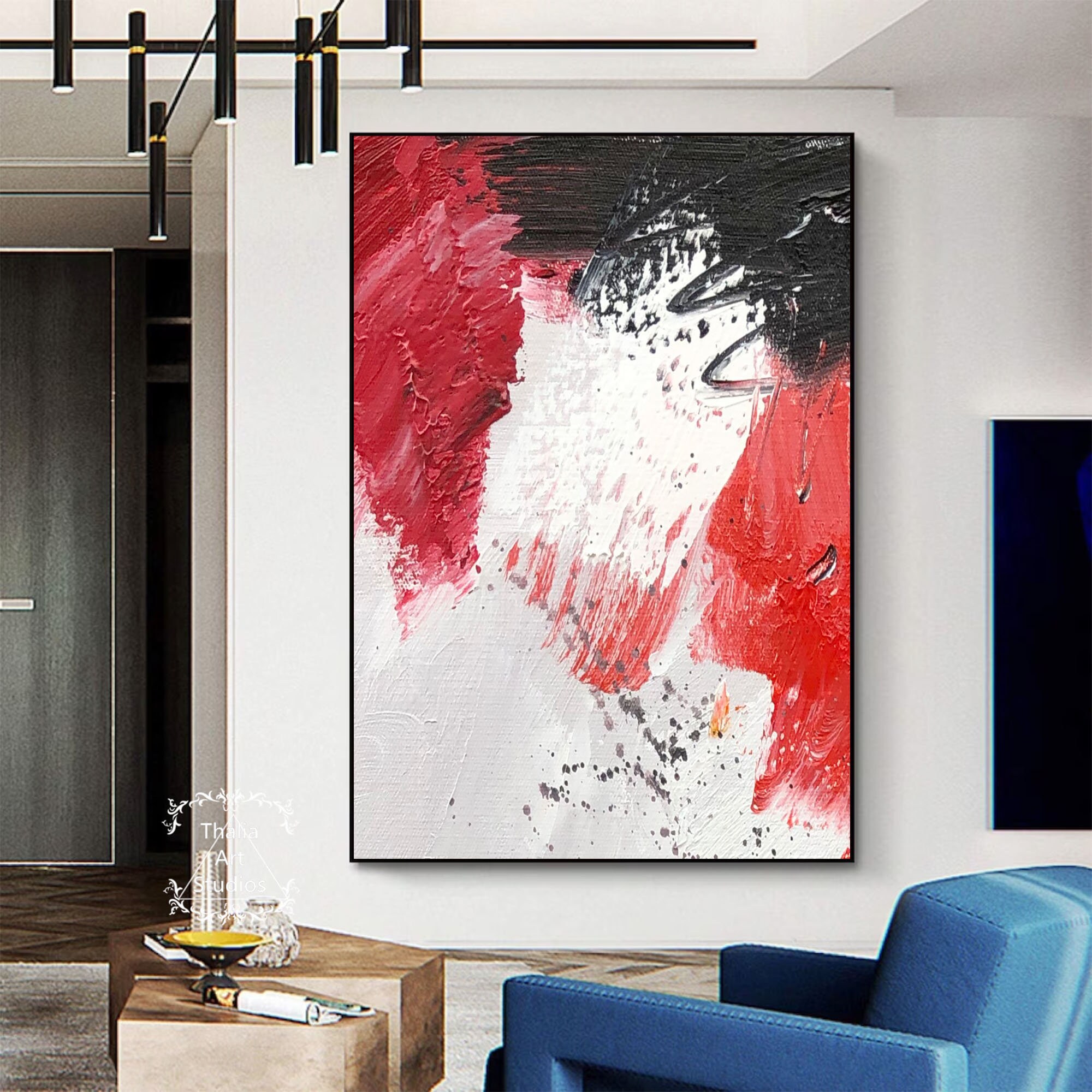Large Red Abstract Wall Art Modern Red Painting on Canvas Large White ...