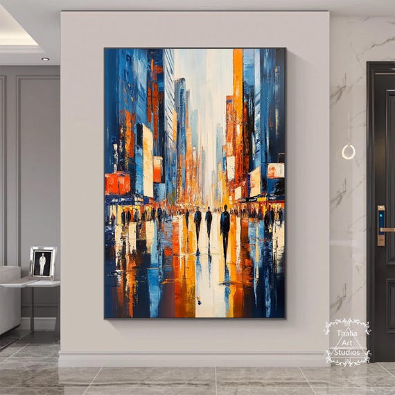 テクスチャのある都市景観キャンバス絵画、モダンな都市の壁アート都市