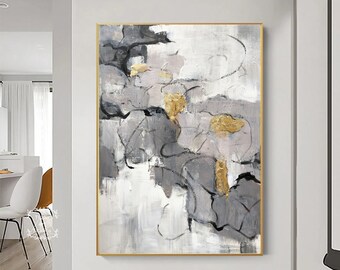 抽象油彩画 グレーと白 大きなグレーと白の壁アート グレーのテクスチャー絵画 ゴールドの抽象
