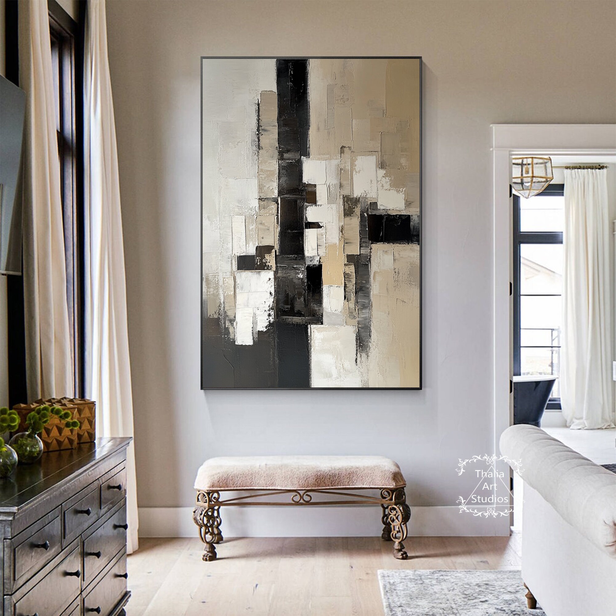 大きな黒と茶色のミニマリスト抽象画 黒の抽象壁アート 黒の幾何学的