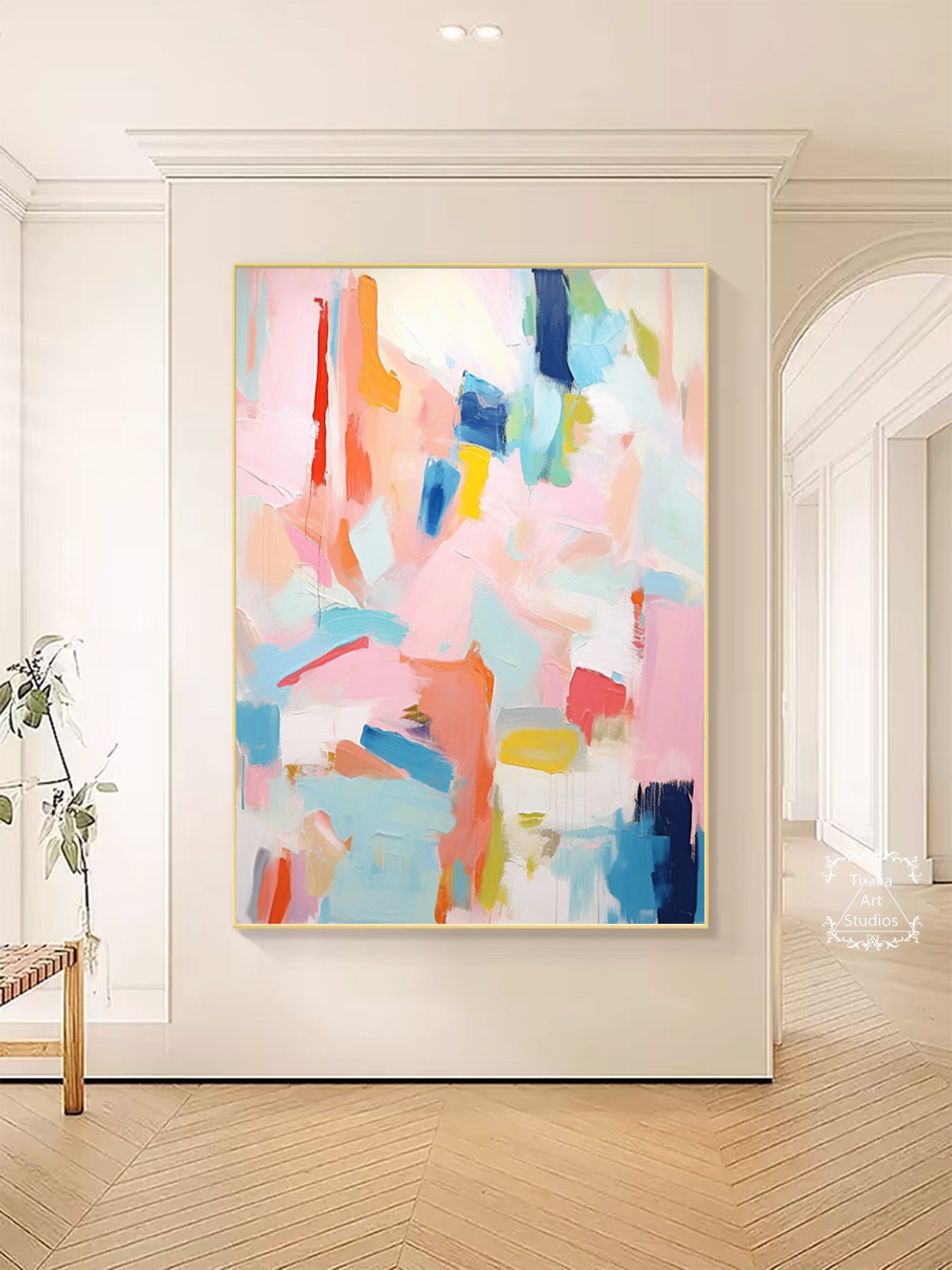 ピンクの抽象的なテクスチャ絵画、大きなカラフルな抽象的な壁アート