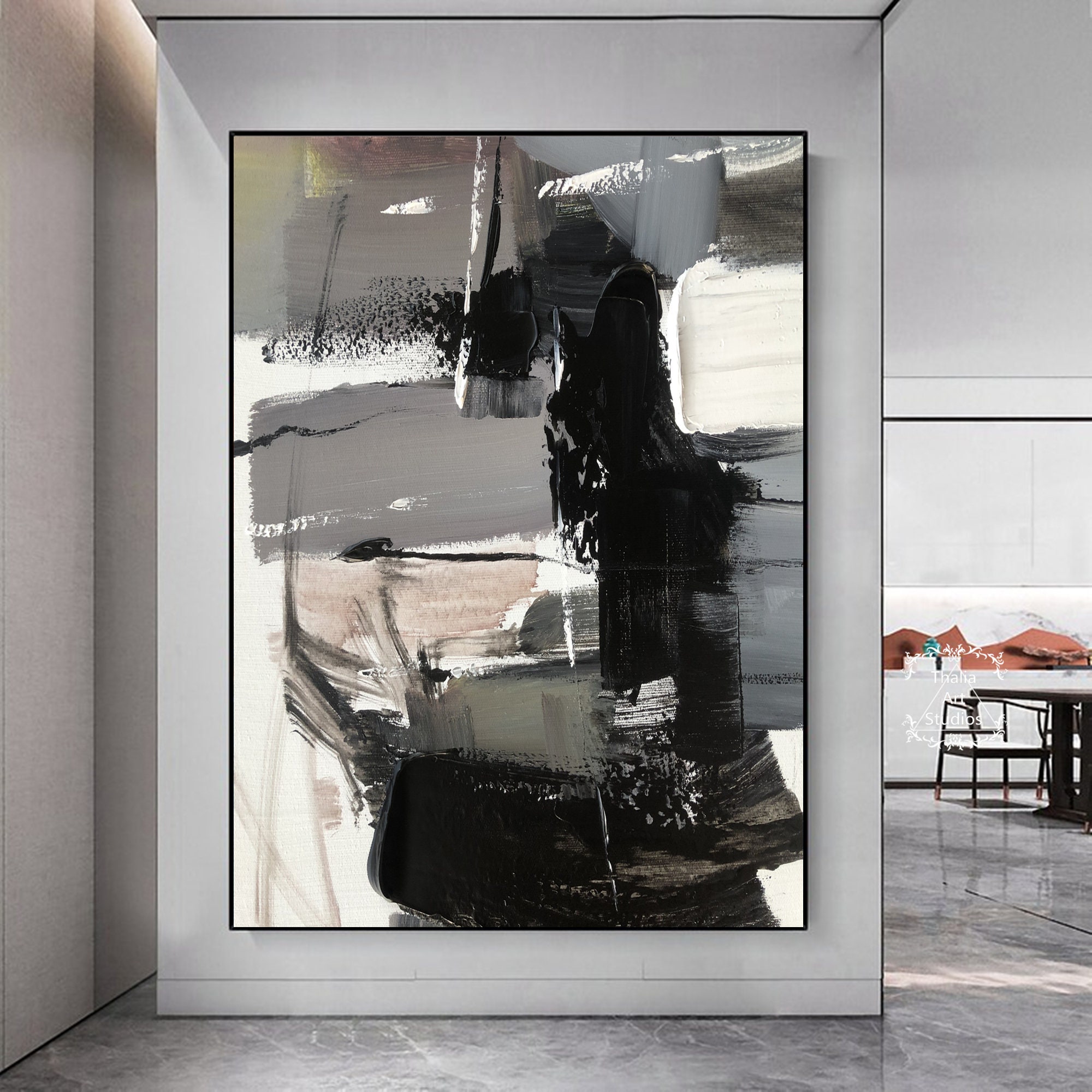 大きなミニマリスト抽象画、黒キャンバス抽象画、黒グレー抽象壁アート