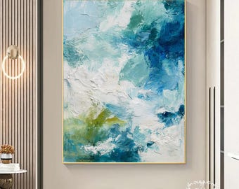 大きな青と緑の抽象的なミニマリストの絵画3Dテクスチャ抽象アート
