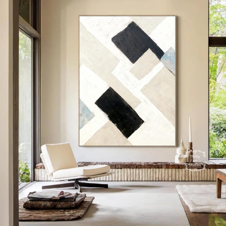 Large Beige and Black Abstract Painting Beige Abstract Canvas Art Wabi ...