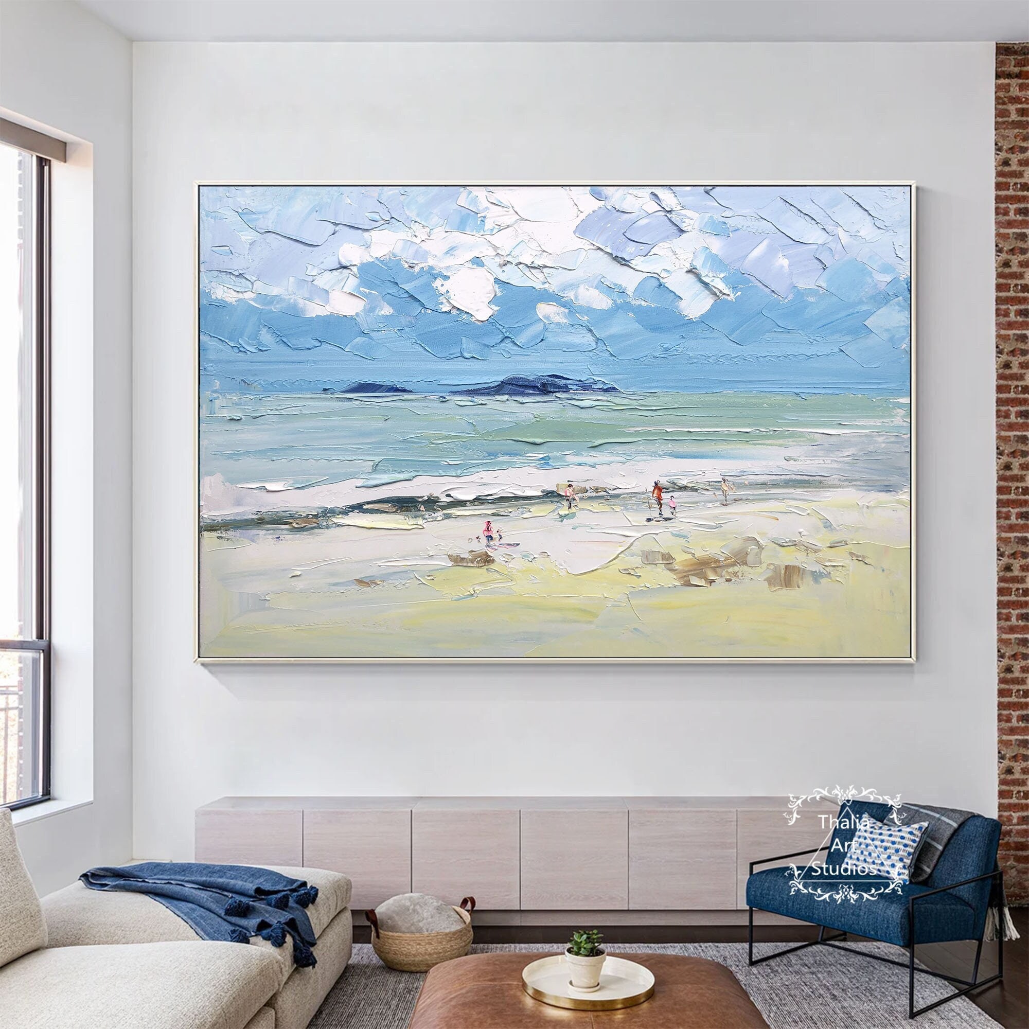 オリジナルのビーチ風景画 モダンな海景アクリル画 ビーチ抽象画