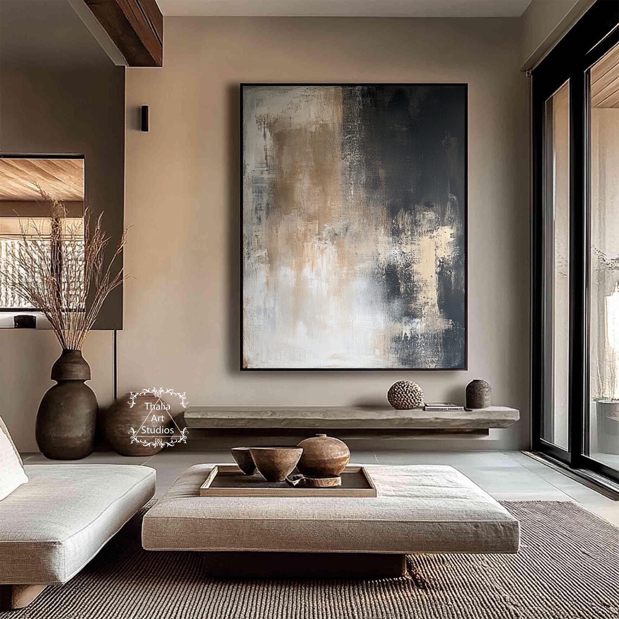 大きな黒と茶色の抽象画、黒の侘び寂びの装飾アート、茶色の抽象画、黒