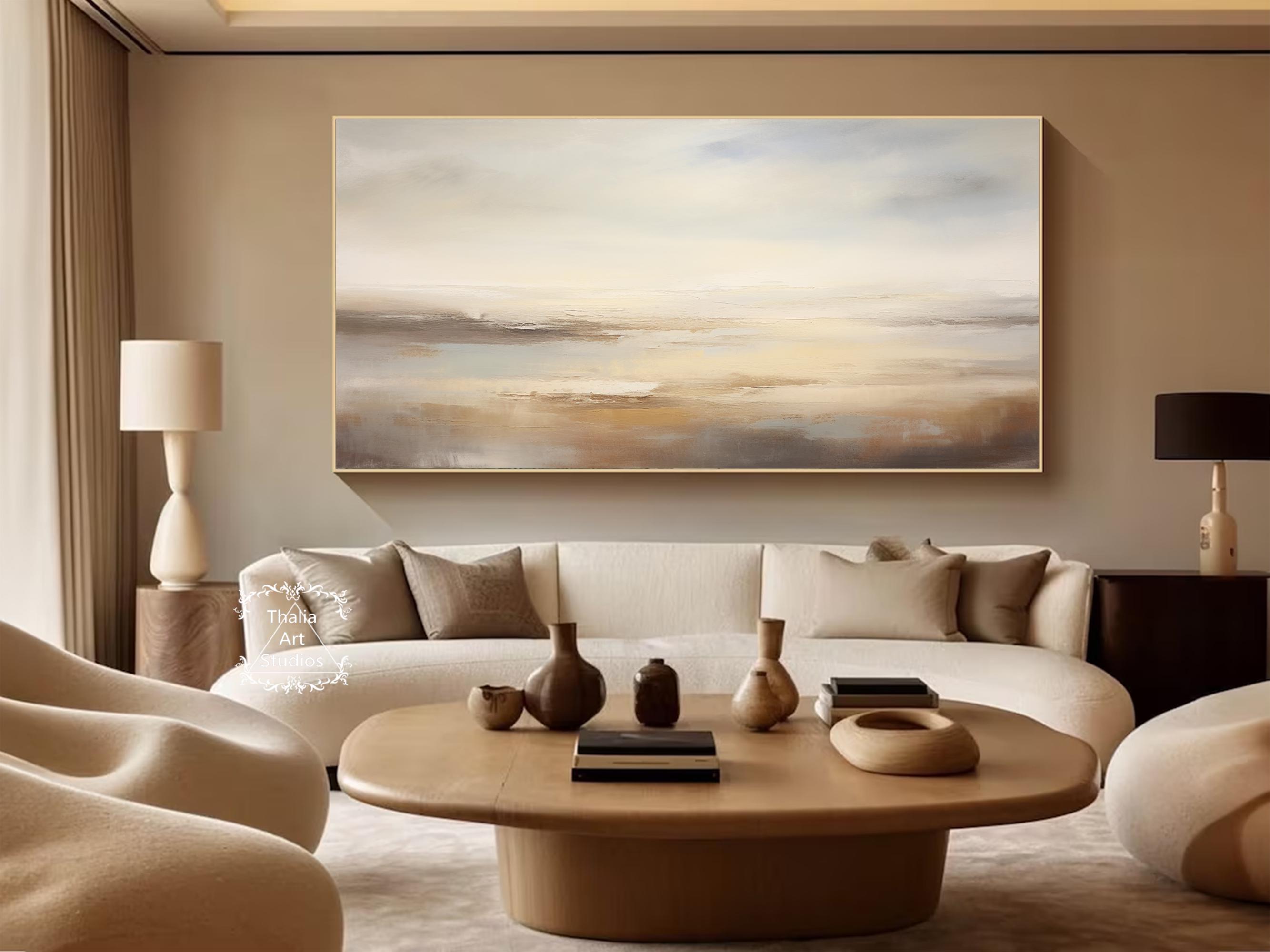 ベージュの風景抽象壁アート 大きなベージュブラウン抽象画 空の風景画