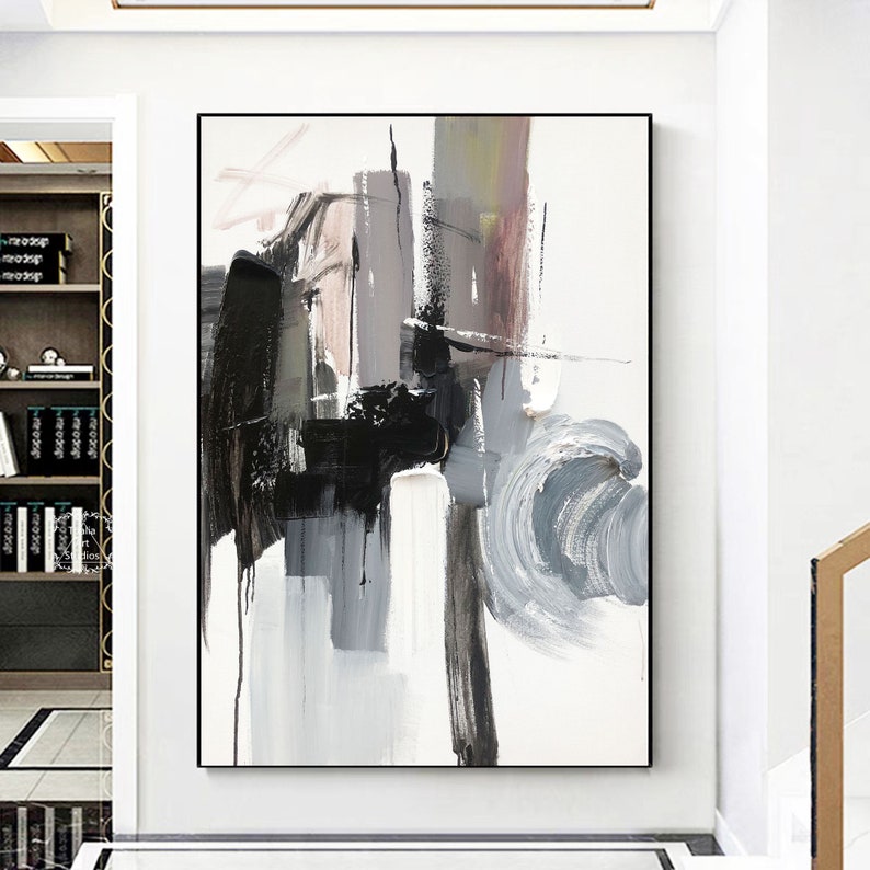 Large Minimalist Abstract Painting Black Texture Wall Art Gray Abstract ...