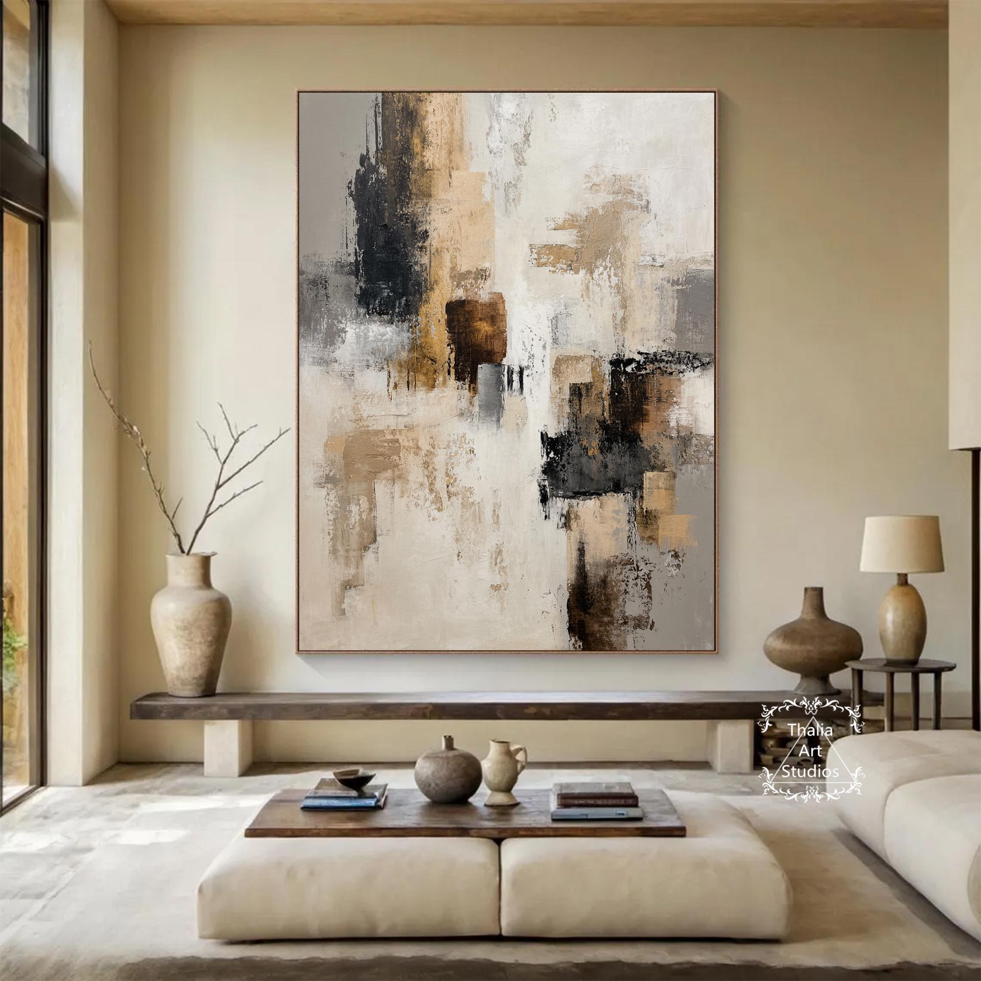 茶色と黒の抽象的なテクスチャ絵画、大きなアクリル黒の抽象的な壁