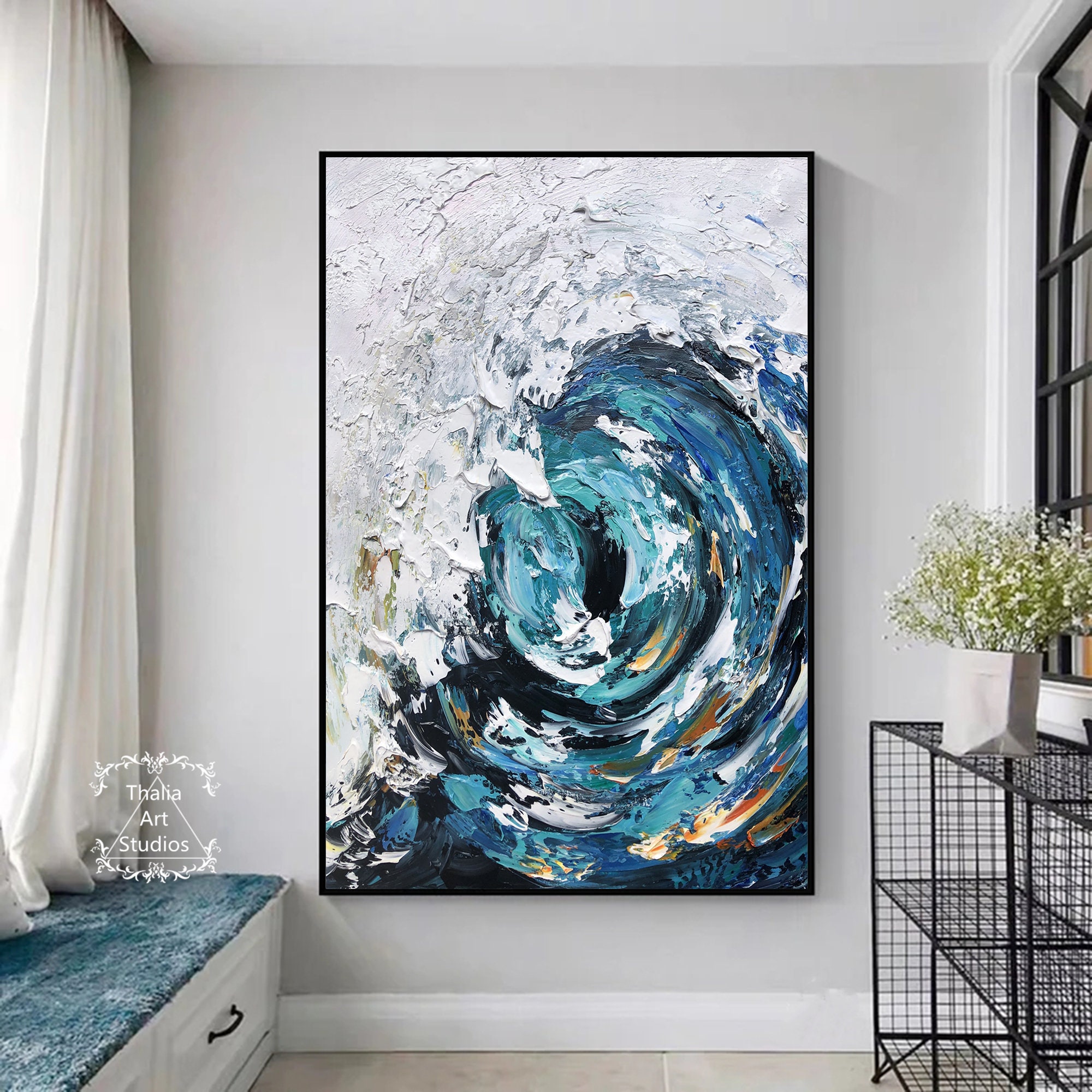油絵 仮縁つき 海 夕焼け 球体 Large Blue Waves Canvas Painting Boho Wall Decor Hand