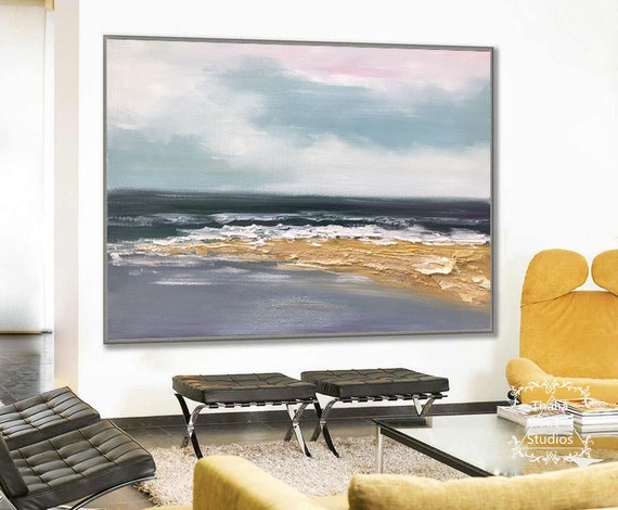 Large abstract original sea painting beige blue ocean sky | Etsy