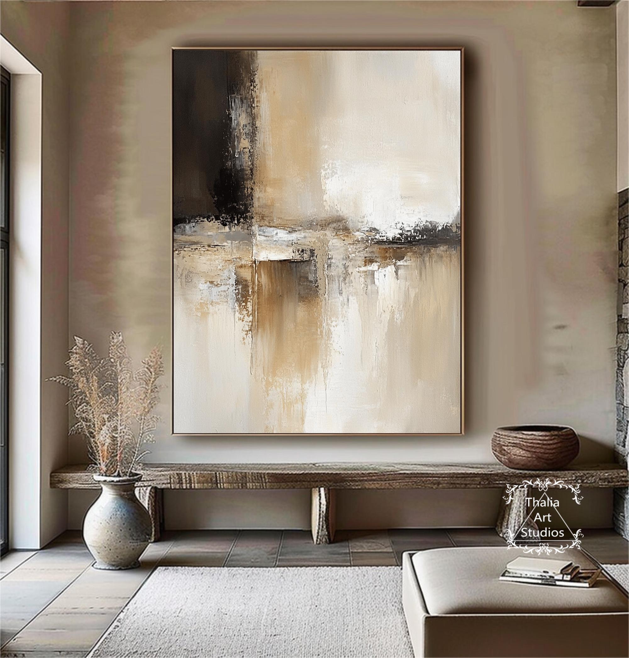 Large Brown Beige Wall Art Original Black Abstract Painting Beige ...