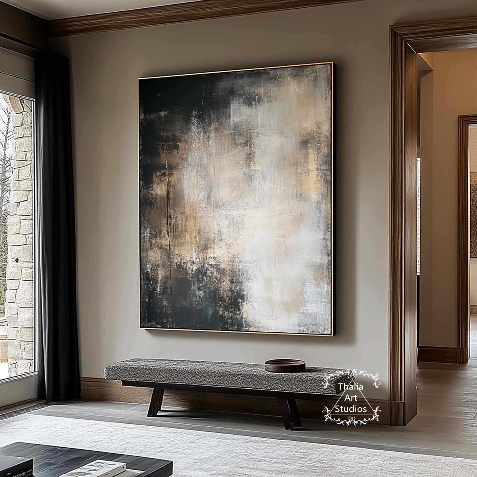 抽象画　茶色　絵画　アート作品 大きな黒と茶色の抽象画 黒と茶色の抽象画 壁アート グレーの