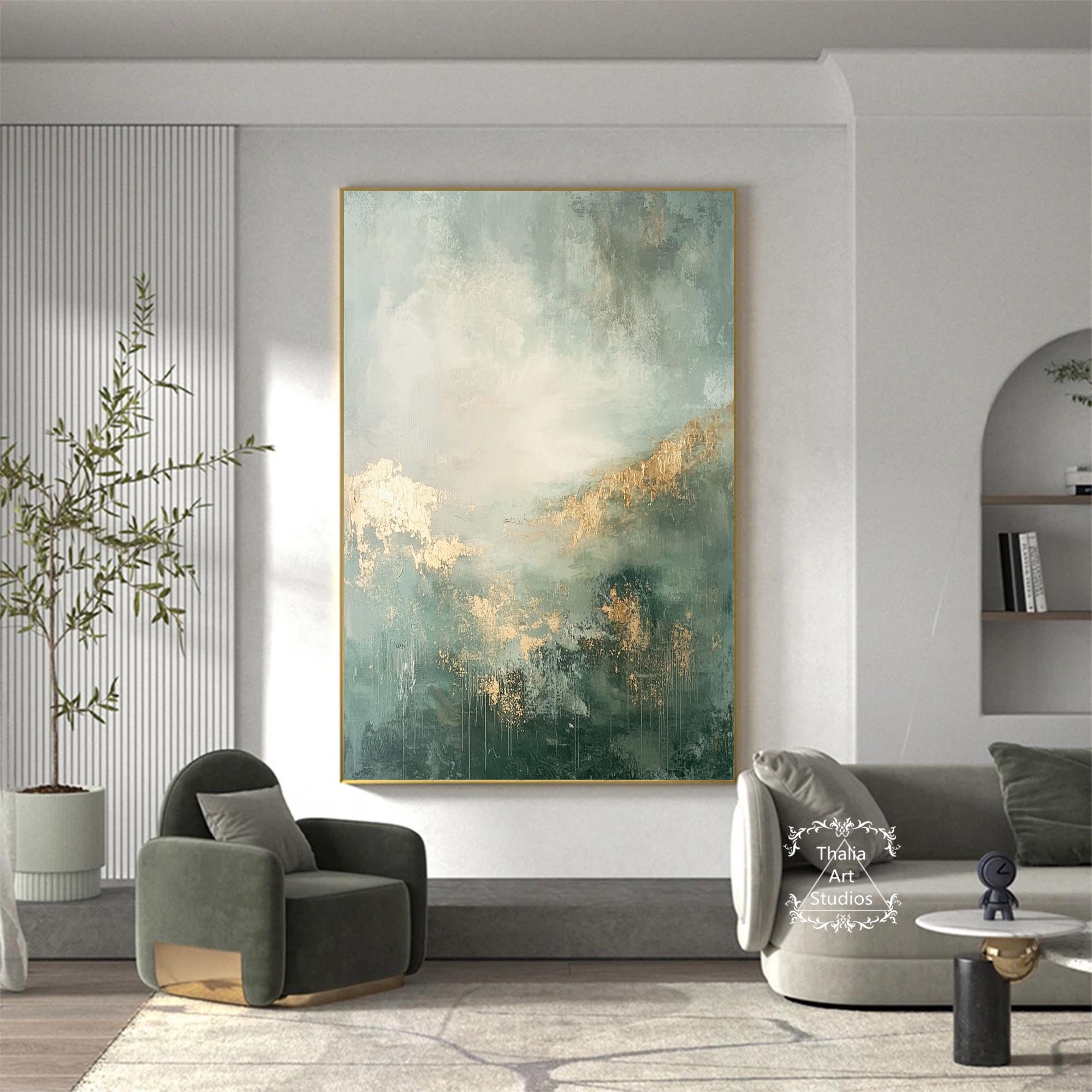 Large Dark Green Abstract Oil Painting Green Minimalist Wall Art Gold ...