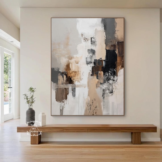 オリジナルブラウン抽象装飾画、ブラック抽象アート、ベージュミニマ