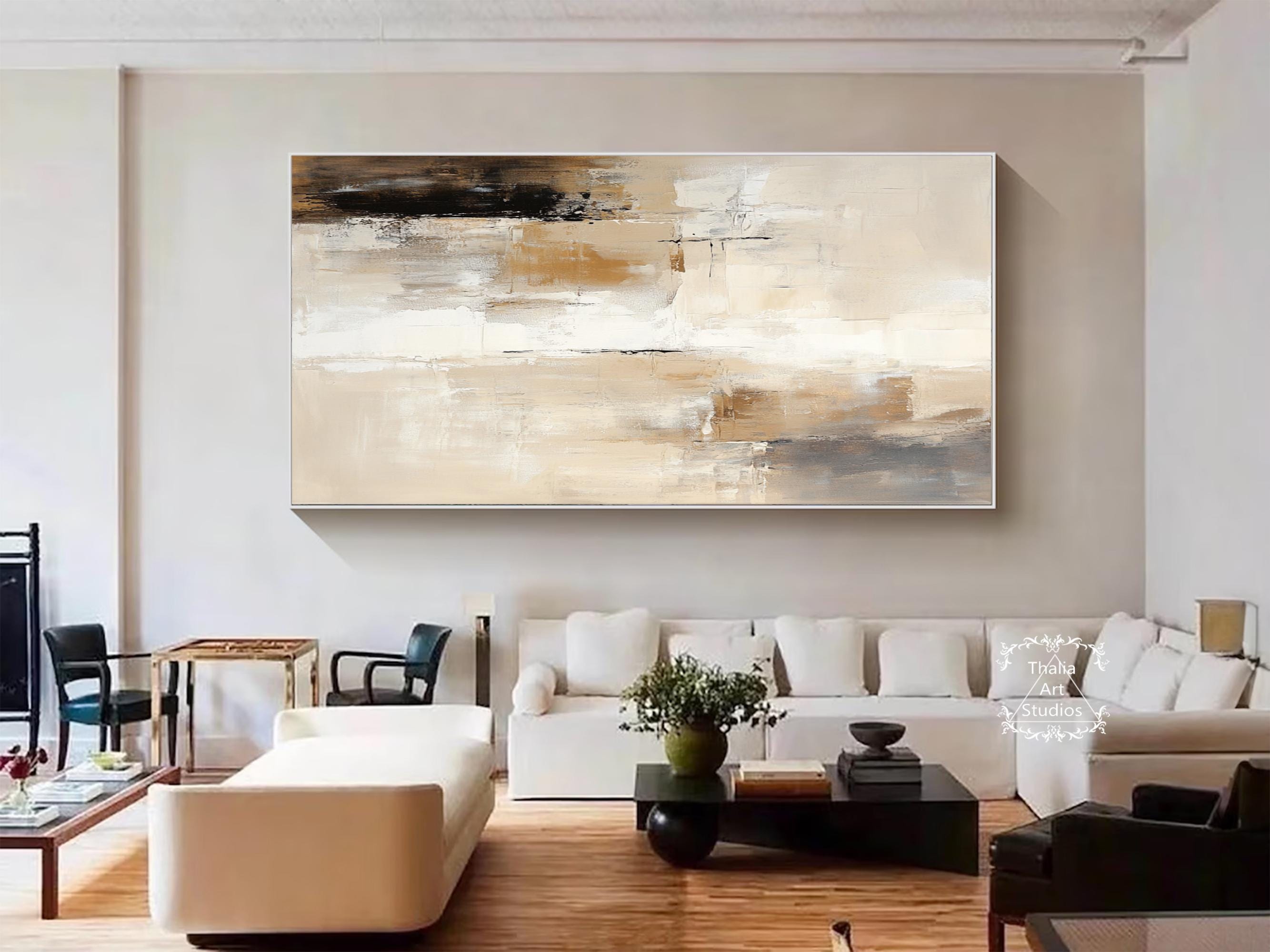 Large Beige Brown Canvas Abstract Painting Beige Minimalist Wall Art ...