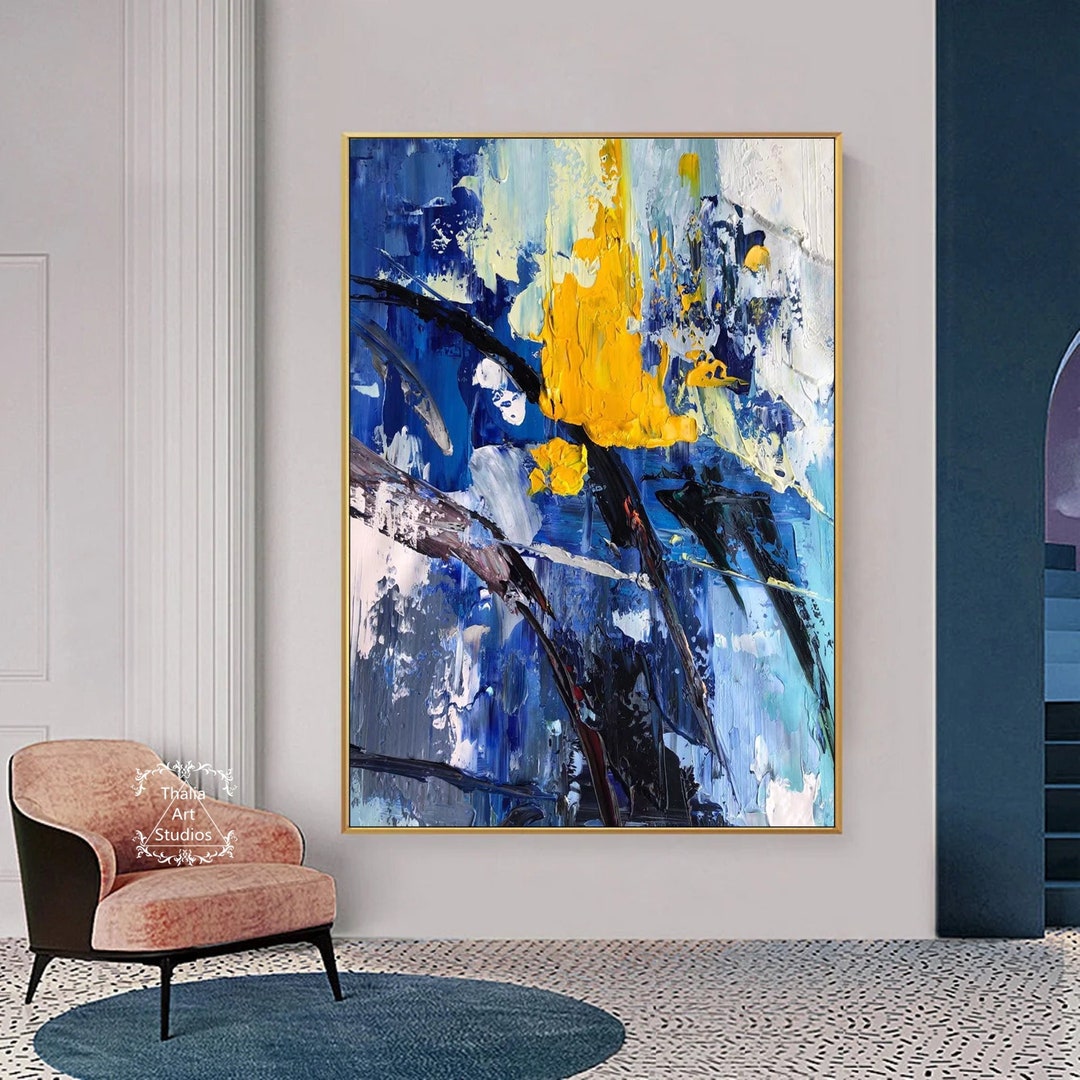 Large Blue Abstract Painting Blue Abstract Texture Wall Art Yellow