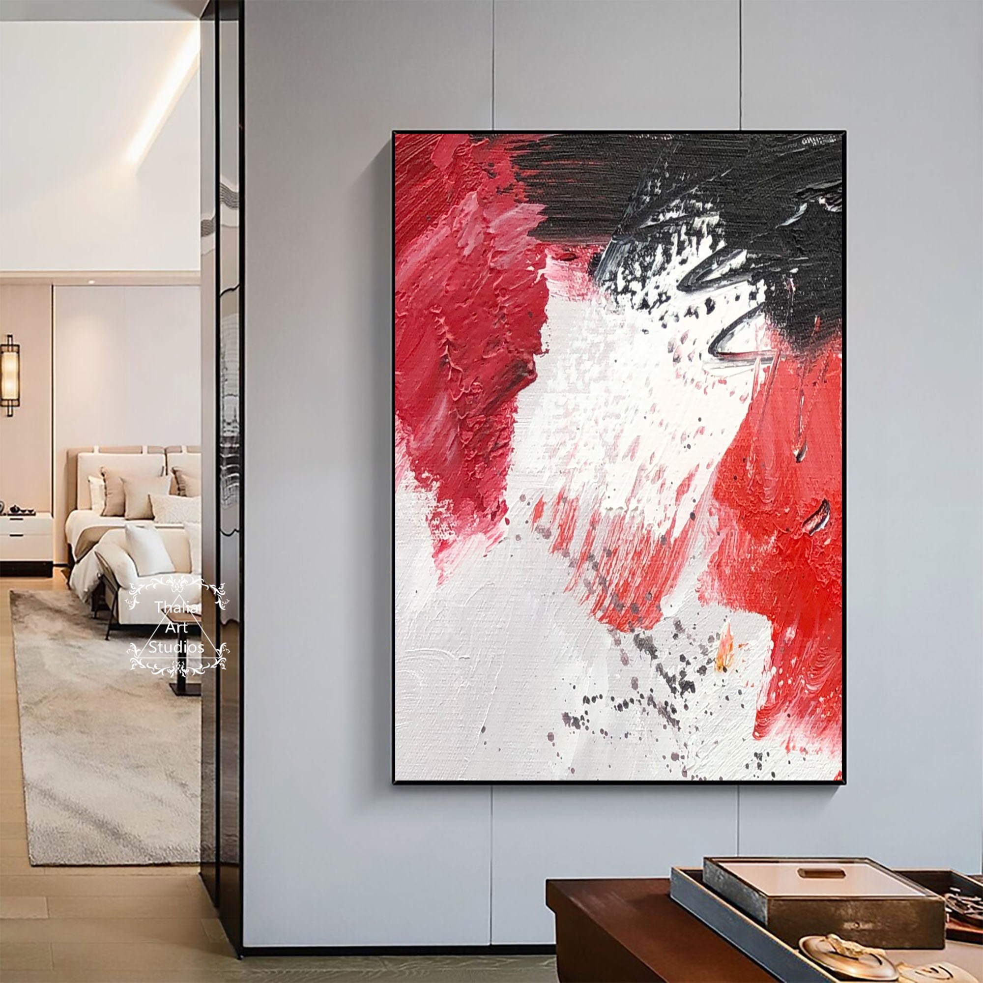 Large Red Abstract Wall Art Modern Red Painting on Canvas Large White ...