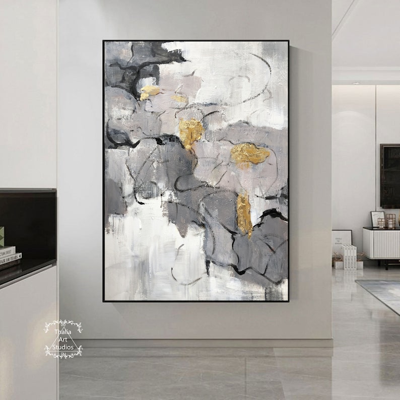 Large Grey and White Wall Art Grey Textured Painting Gold - Etsy