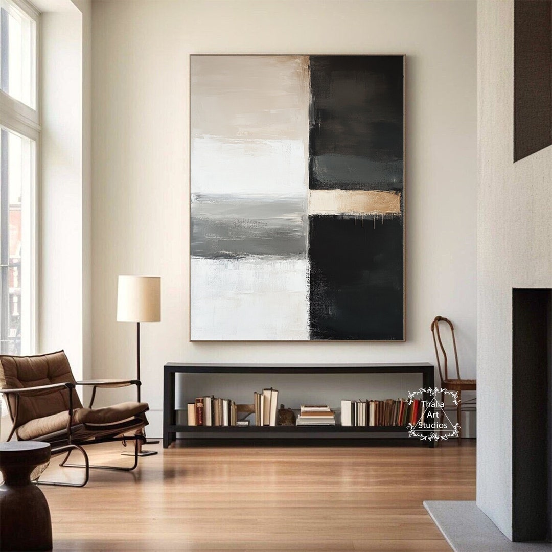 Large Black and Gray Abstract Wall Art White Textured Abstract Painting ...