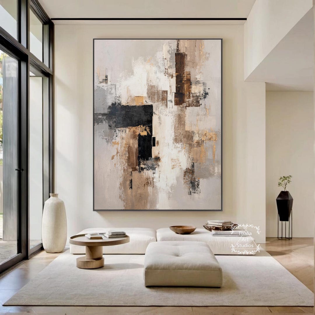 Large Grey Beige Abstract Canvas Painting Brown Wabi-sabi Style ...
