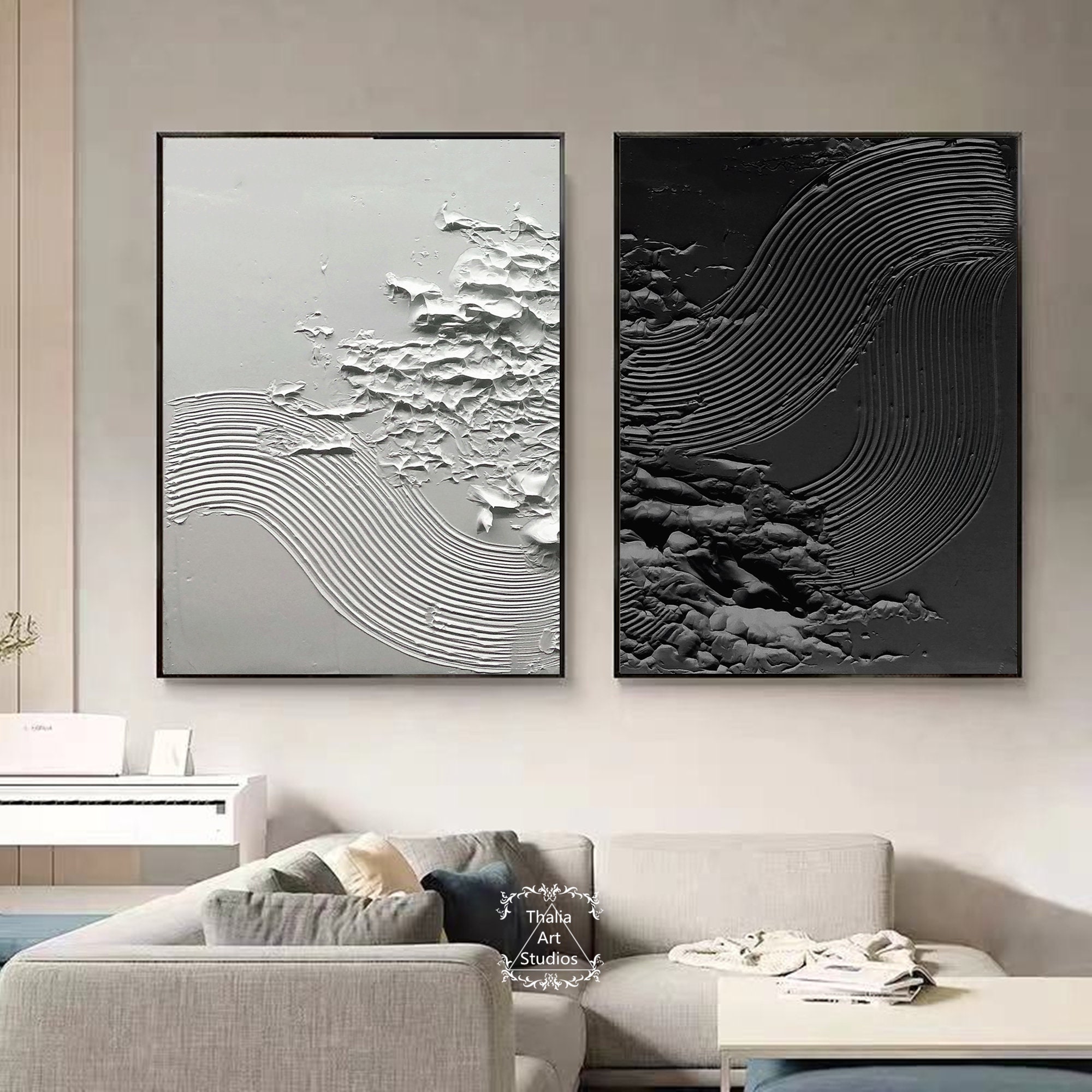 Black and White Abstract Abstract Paintings Set of 2 Black and White ...