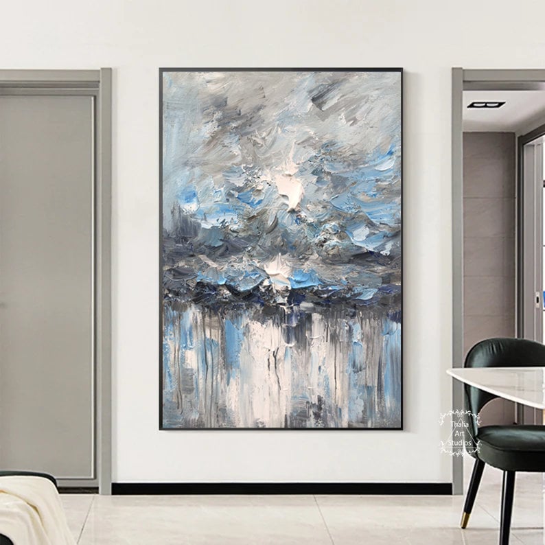 Large Abstract Wall Art Blue Abstract Painting Gray Acrylic Etsy