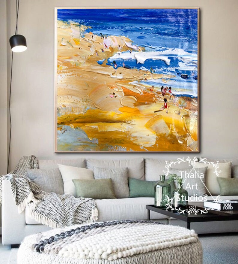 Golden Beach Abstract Painting Large Blue Ocean Abstract Wall Etsy