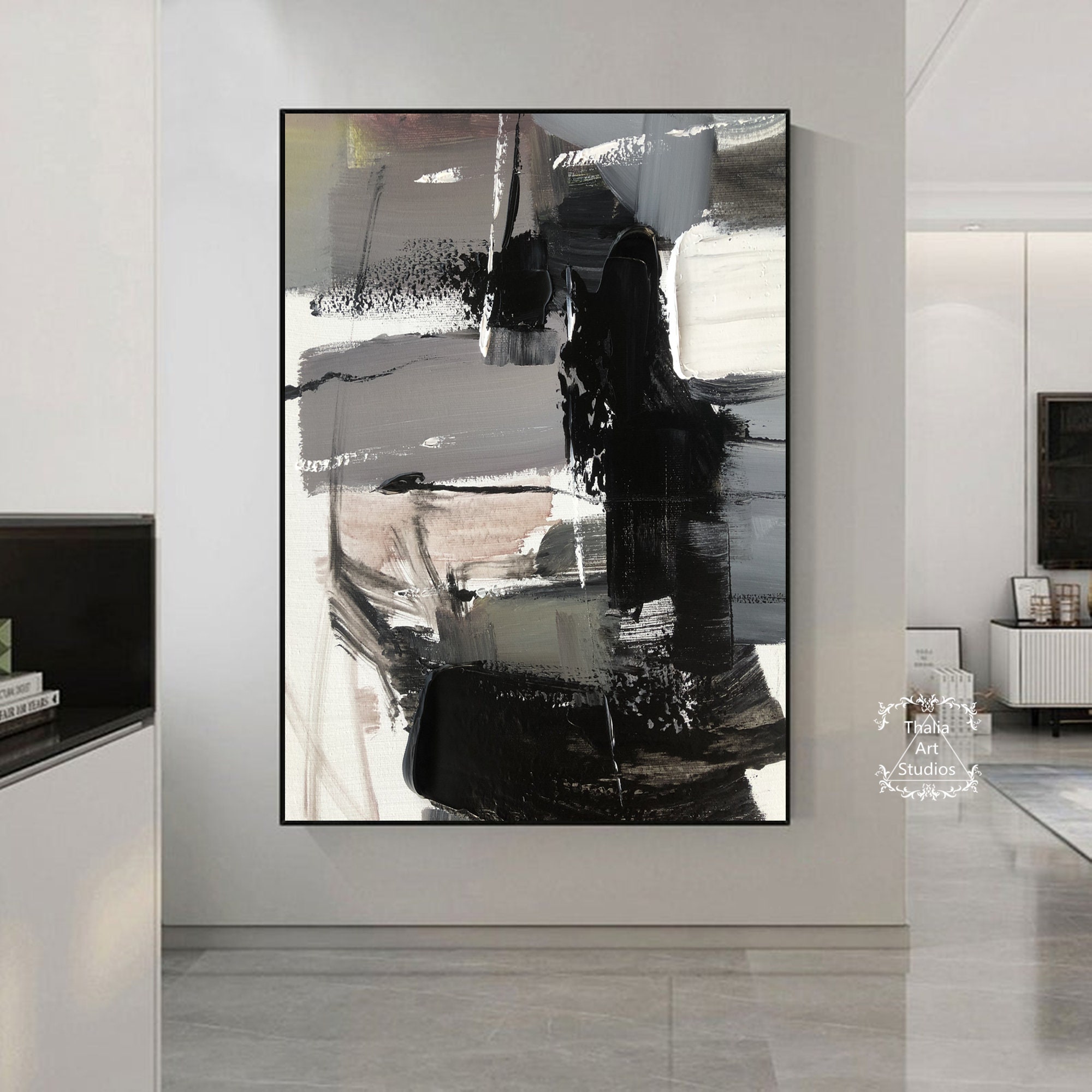 大きなミニマリスト抽象画、黒キャンバス抽象画、黒グレー抽象壁アート