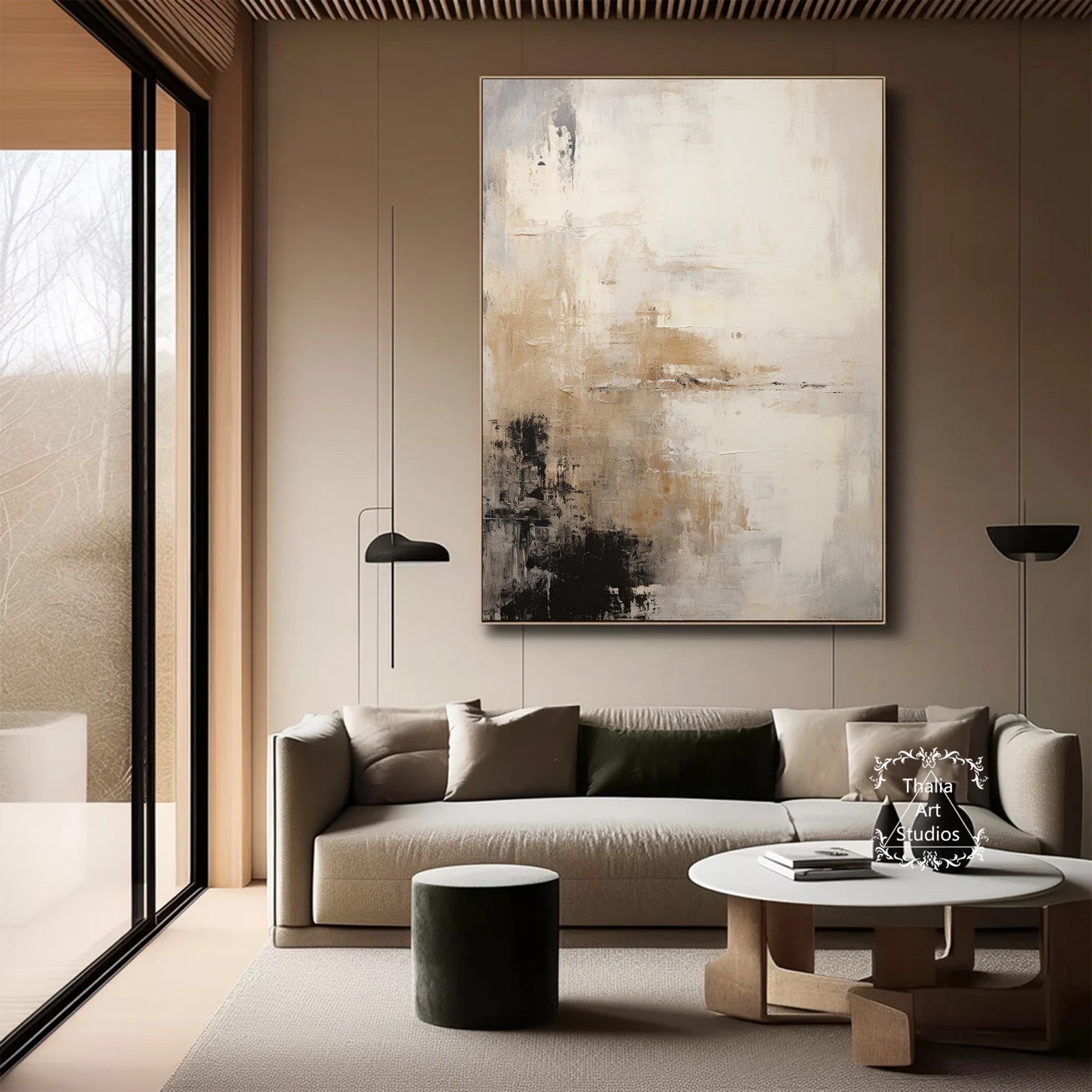 Large Beige Black Abstract Wall Art Black Textured Painting Beige Wabi ...