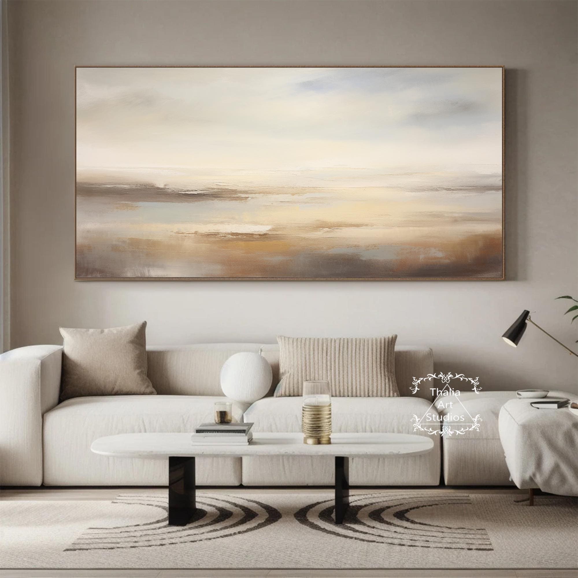 ベージュの風景抽象壁アート 大きなベージュブラウン抽象画 空の風景画