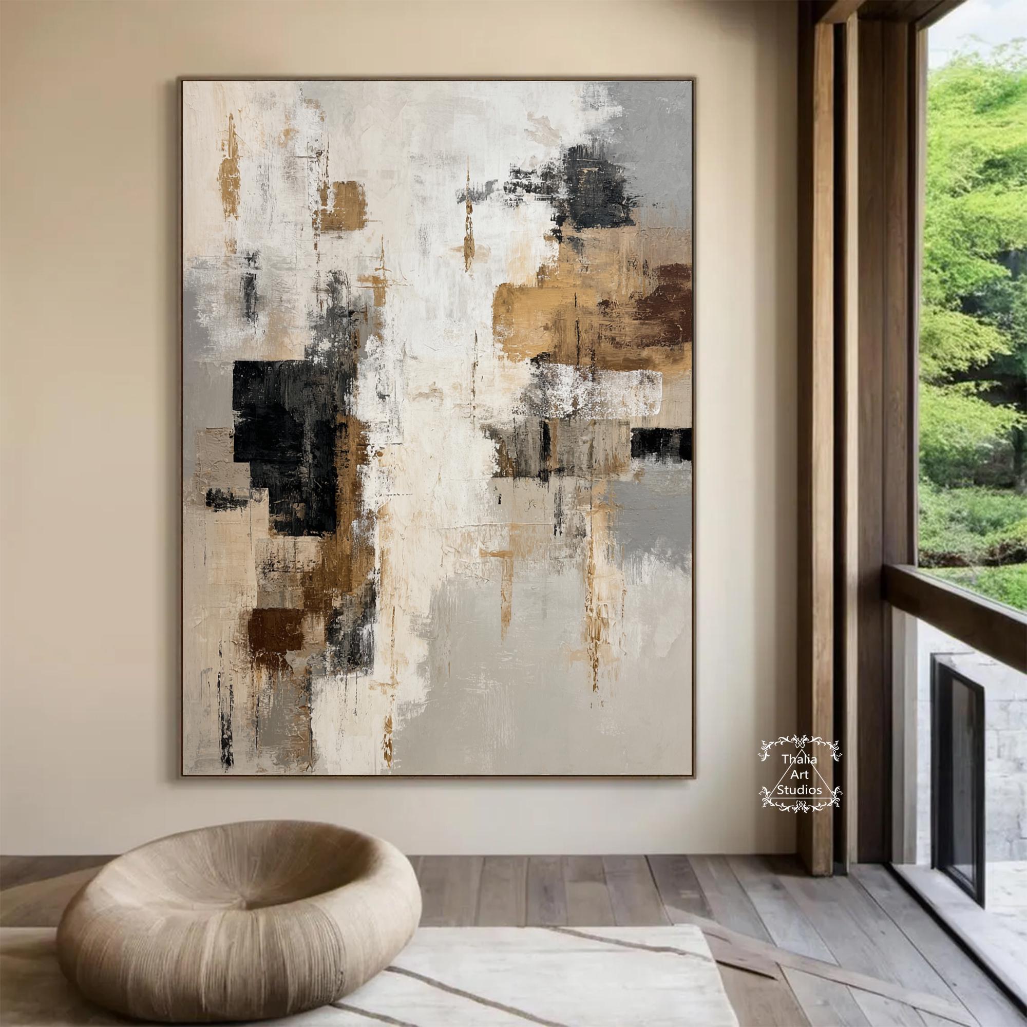 大きなベージュの抽象画、ベージュ、ブラウン、ブラックのミニマリスト