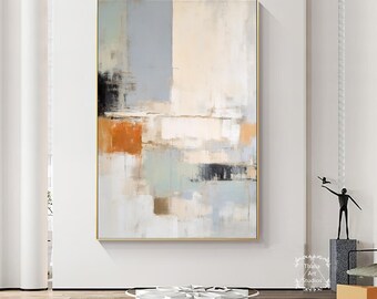 青い抽象画、大きな青とベージュのテクスチャ壁アート、大きな抽象的な
