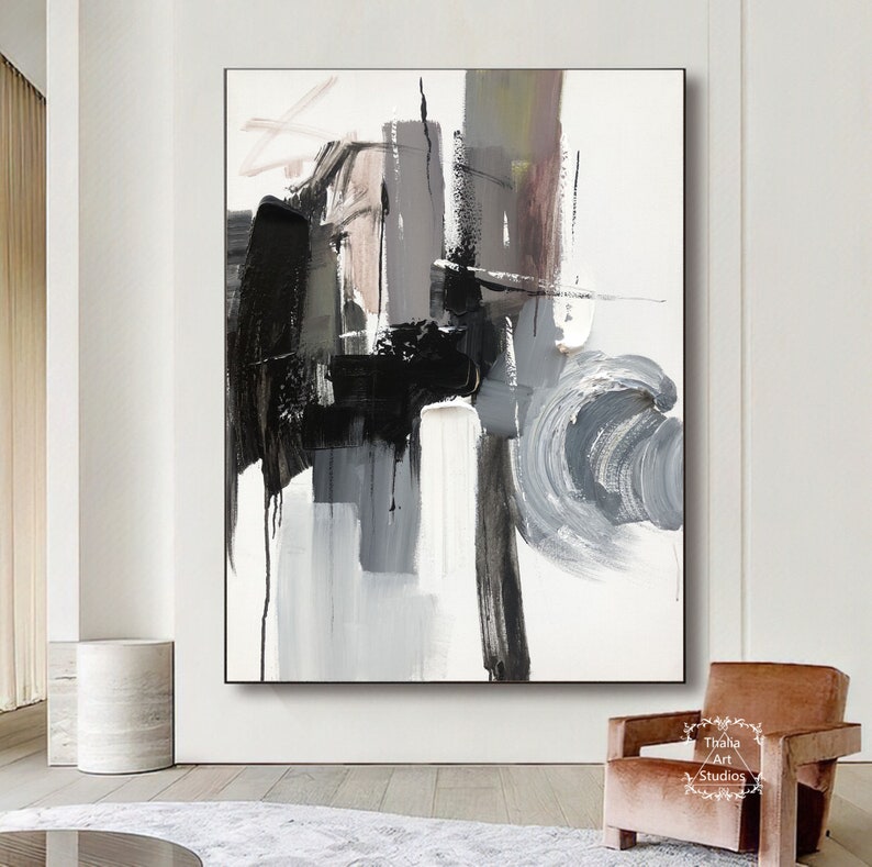 Large Minimalist Abstract Painting Black Texture Wall Art Gray - Etsy