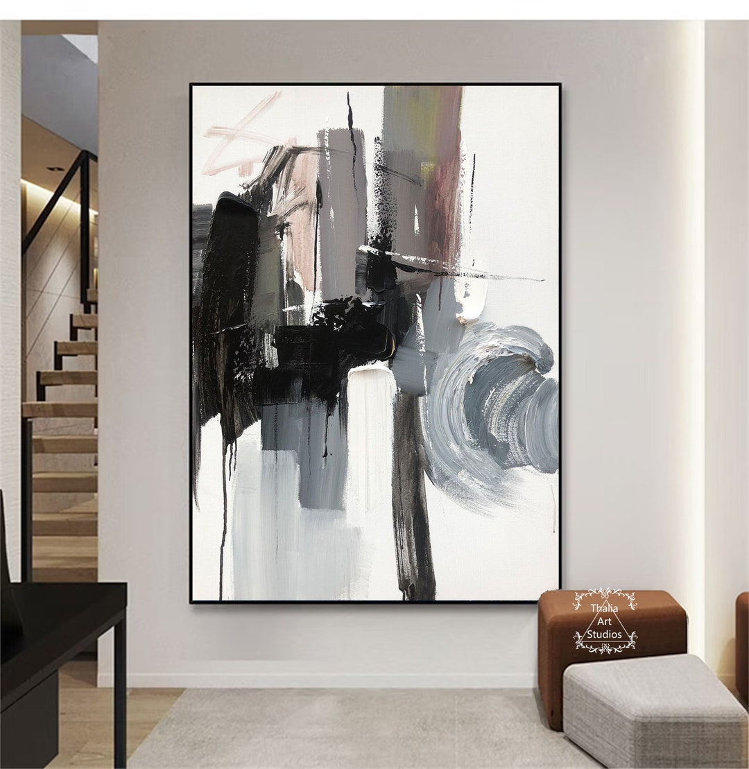 Large Minimalist Abstract Painting Black Texture Wall Art Gray Abstract ...