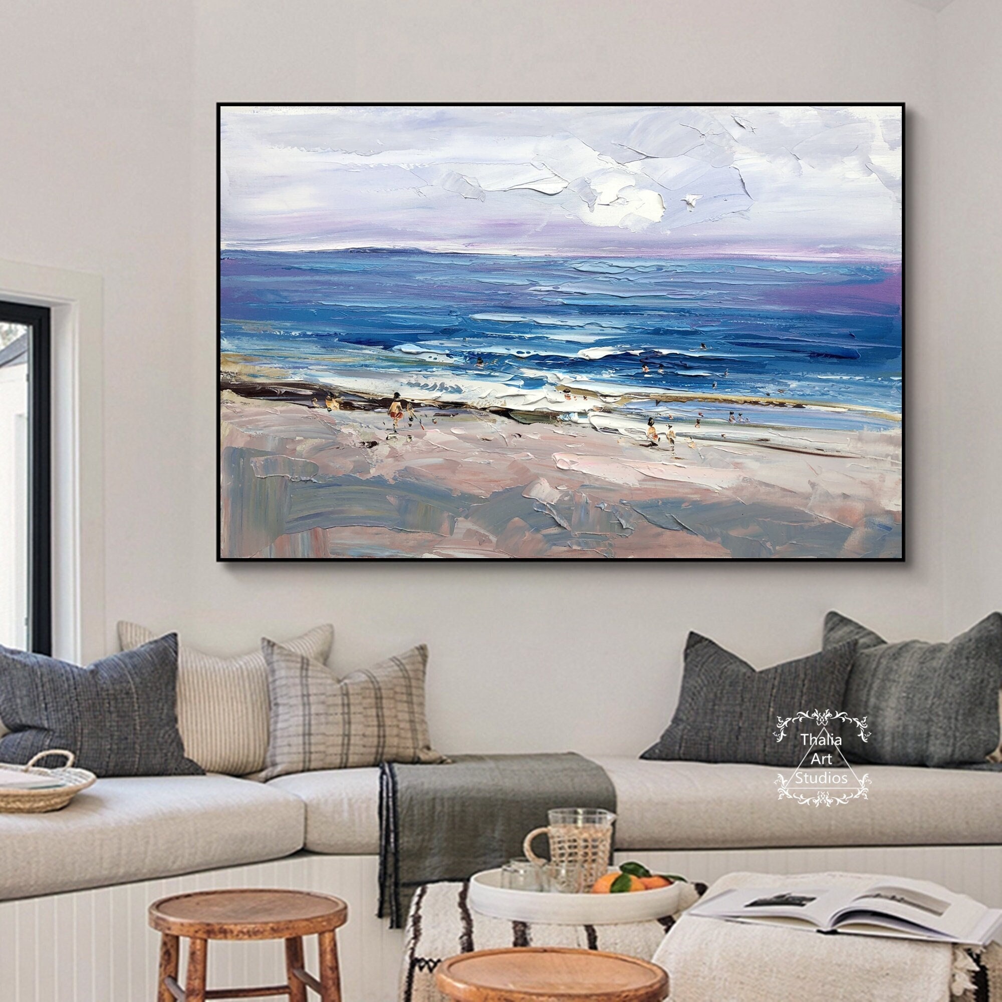 Original Beach Abstract Painting Blue Ocean Painting Modern Acrylic ...