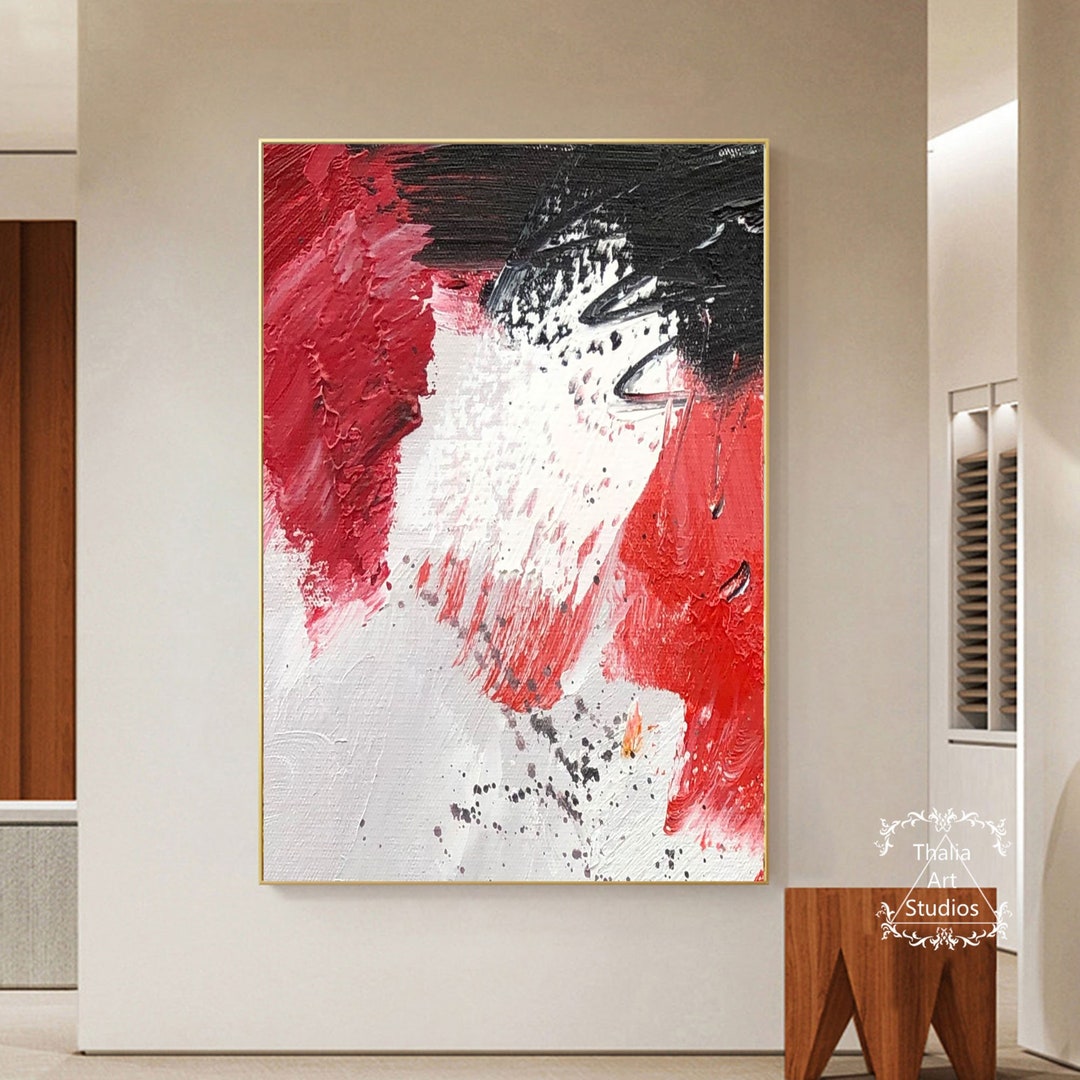 Large Red Abstract Wall Art Modern Red Painting on Canvas Large White ...