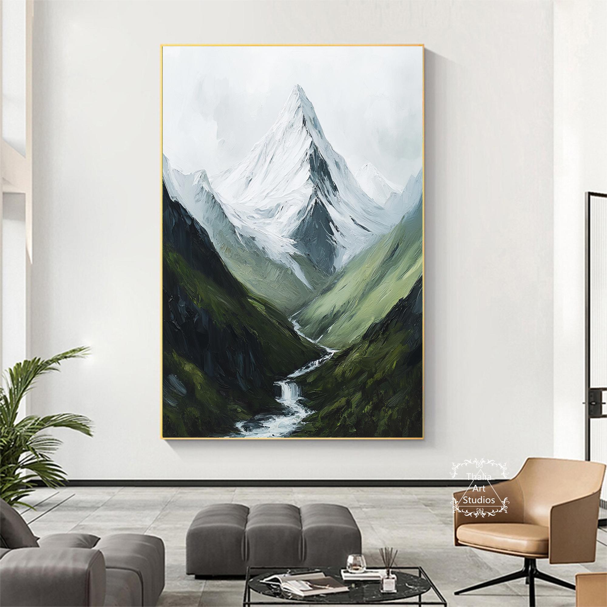 大きな抽象的な山の絵画、緑の3Dテクスチャ、山の滝の絵画、緑の