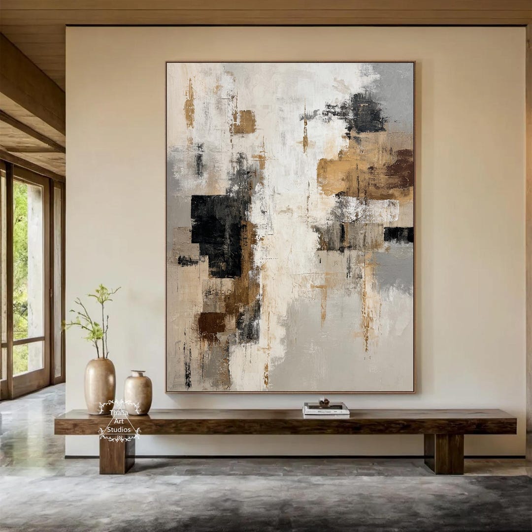 Large Beige Abstract Painting Beige, Brown and Black Minimalist ...