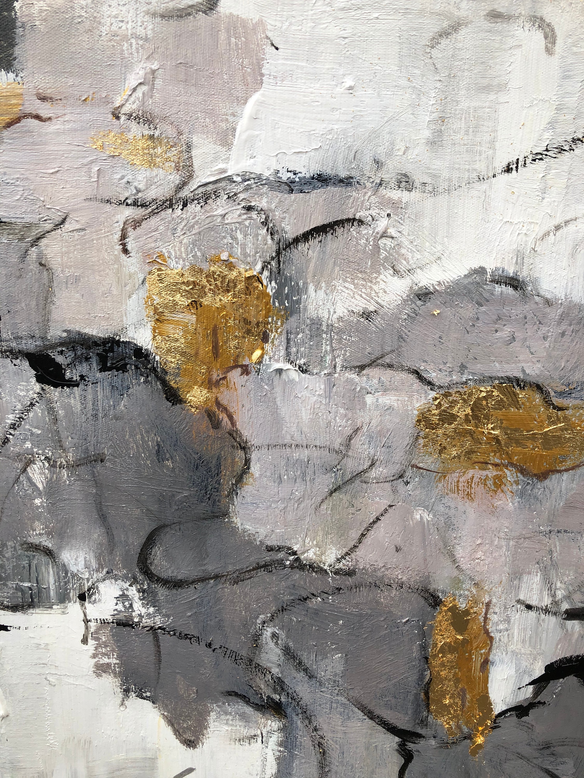 大きなグレーと白の壁アート グレーのテクスチャー絵画 ゴールドの抽象