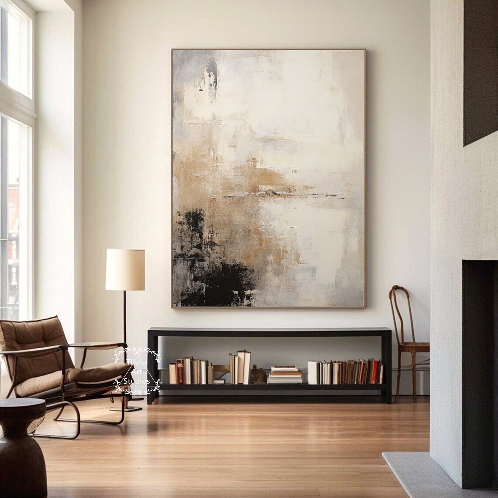 Large Beige Black Abstract Wall Art Black Textured Painting Beige Wabi ...