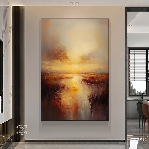 秋の夕焼け風景抽象画、大きな草抽象画、自然風景画、茶色オレンジ抽象