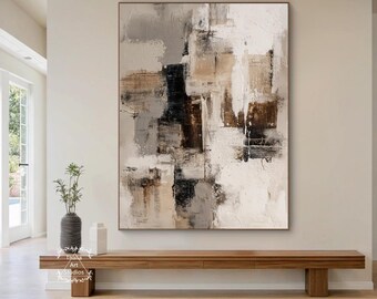 茶色の抽象的なテクスチャ絵画、大きな黒の抽象的な壁アート、ベージュ