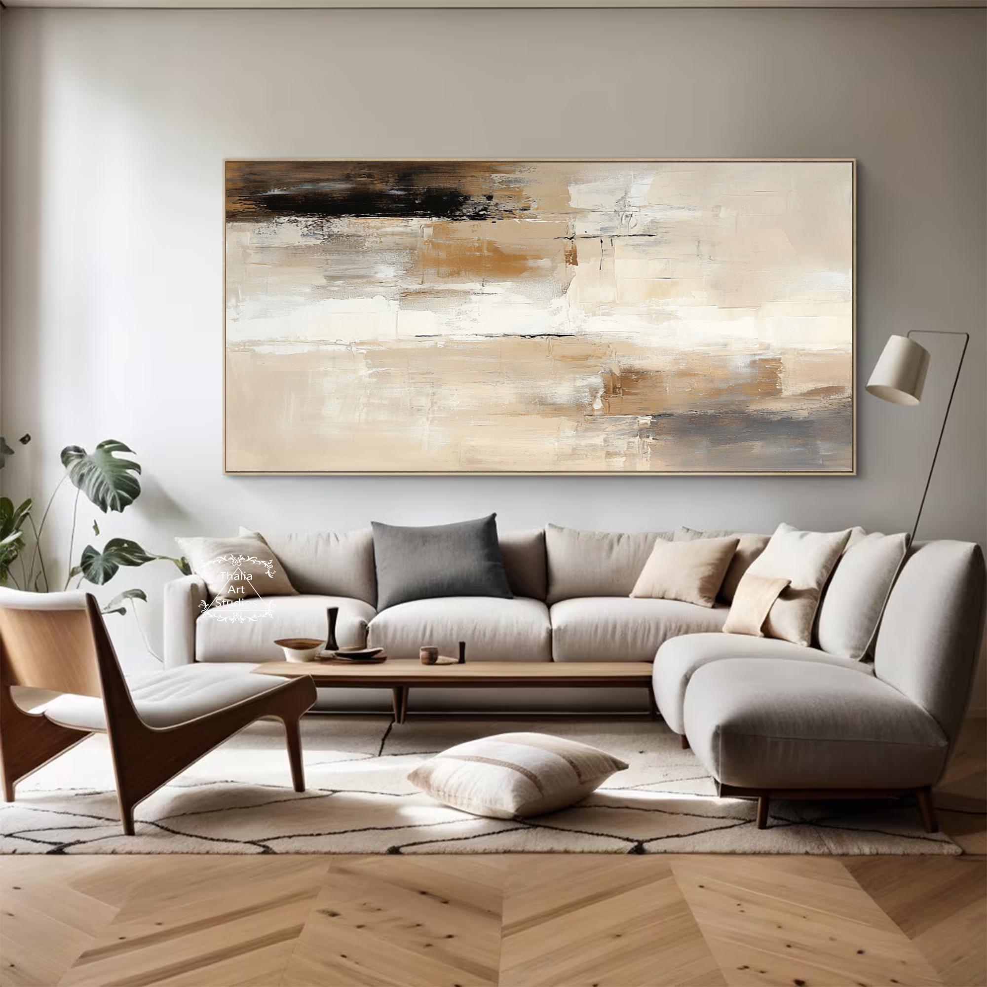 Large Beige Brown Canvas Abstract Painting Beige Minimalist Wall Art ...