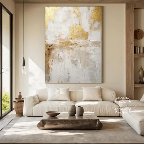 大きな金と白の抽象画、金の質感の壁アート、金箔の抽象画、グレーの